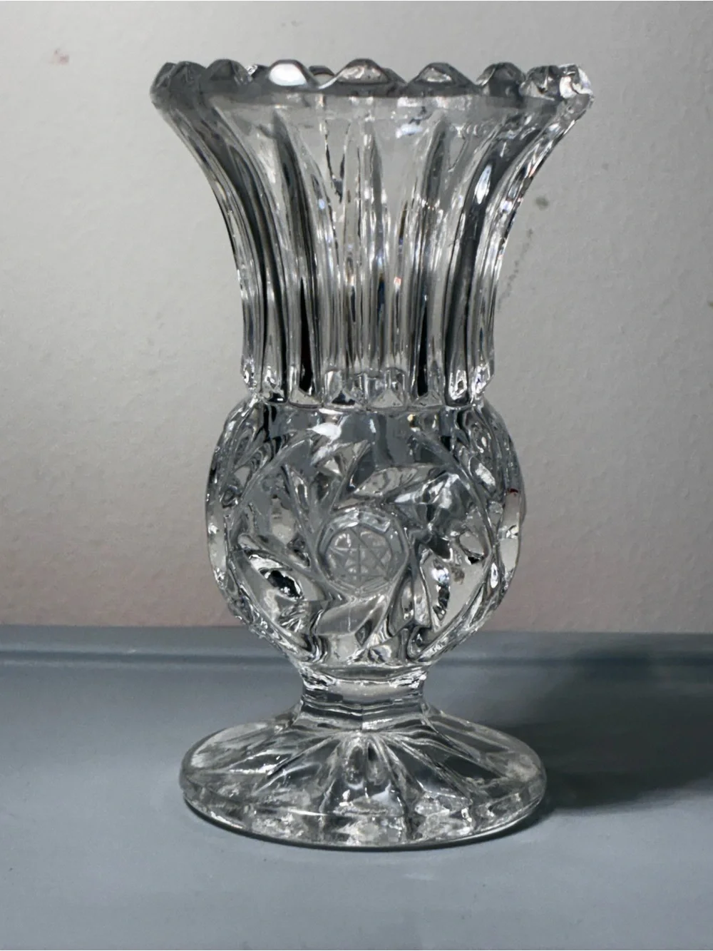 Vintage Cut Crystal Footed Bud Vase Sawtooth Rim 4.5” Pressed Glass - Picture 2 of 9